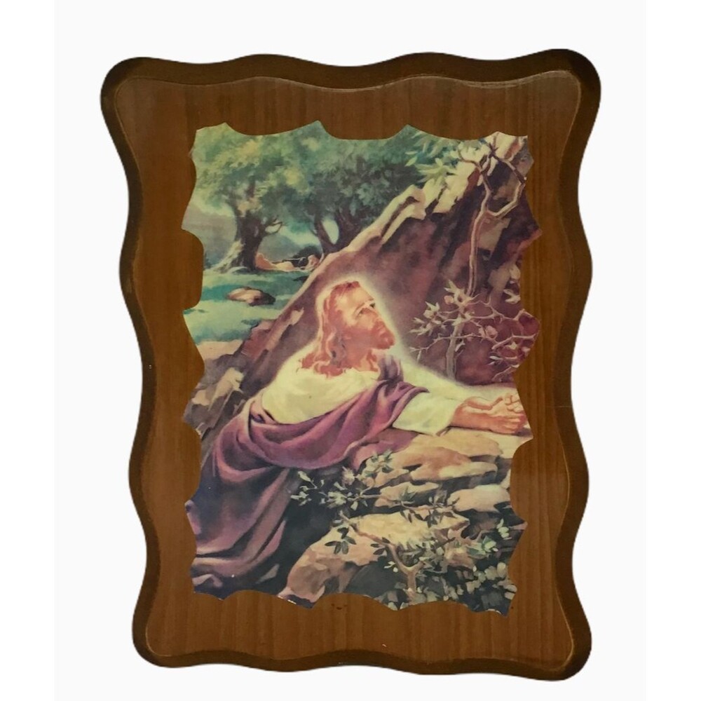 Jesus Praying Kneeling Mount Olive Warner Sallman Hardwood Scalloped Vtg Wood